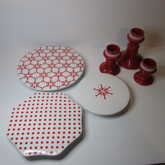 set 3 Avon Holly Dots cake stands Christmas risers snowflake polka dot red white - Picture 6 of 10